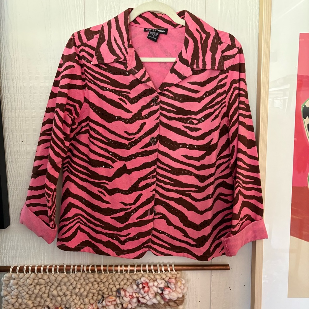 Vintage pink Brown Zebra Print Button Front Shirt Jacket 100% cotton size small